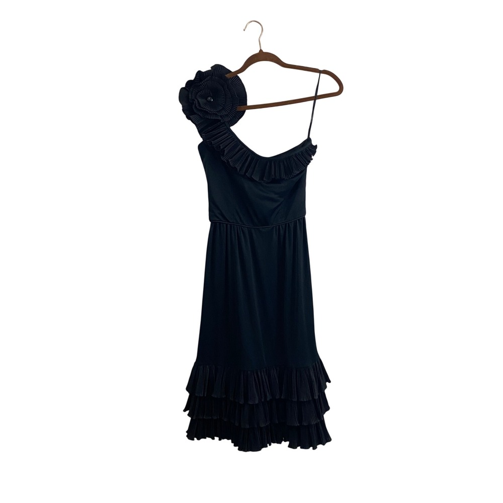 VTG 80s Victor Costa One Shoulder Rosette Pleated‎ Ruffle Cocktail Dress 8 Black